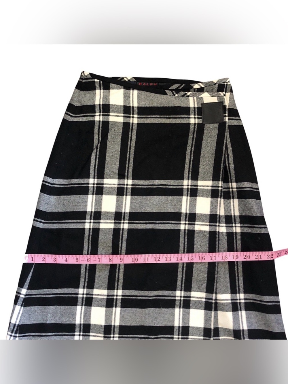 Vintage 90s Ralph Lauren Wool Plaid Maxi Wrap Skirt Tartan A-Line Black White 6 - Picture 9 of 10